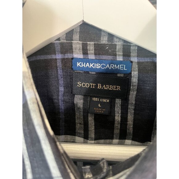Scott Barber Mens Plaid Linen KhakisCarmel Button-Down Shirt Large Navy Casual - Picture 3 of 8